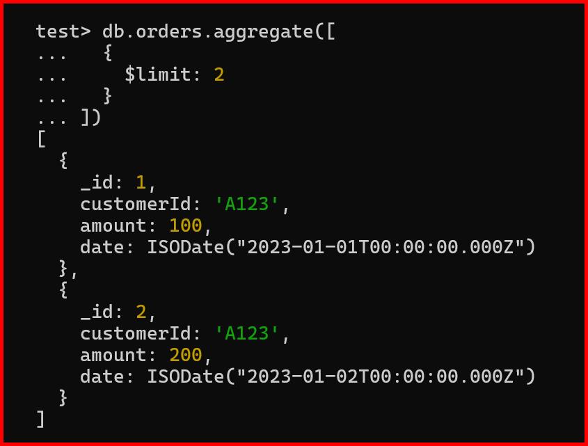 Picture showing the output of $limit aggregation operator in mongodb